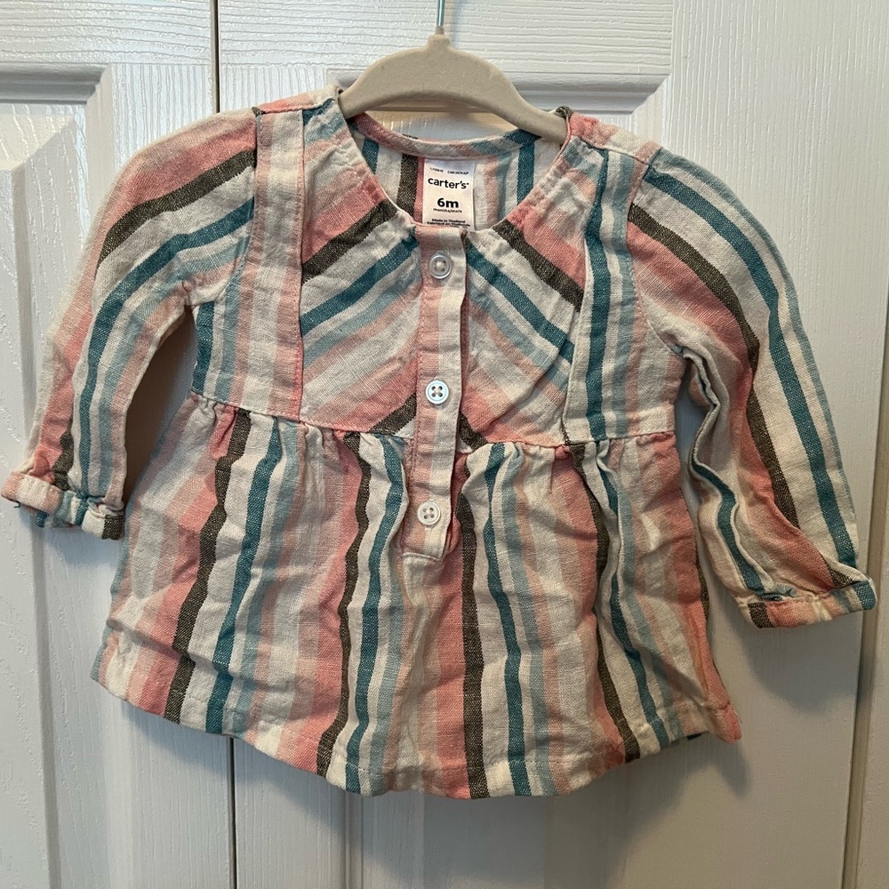 Carter's Pink and Blue Button Down Linen Shirt Size: 6 Mon